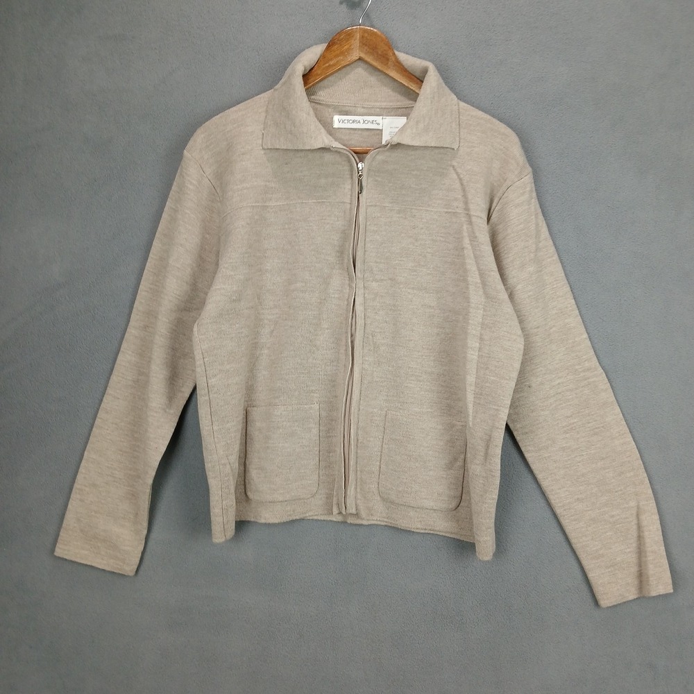 Victoria Jones Sweater Jacket Womens M Beige Chunky Knit Long Sleeve Full Zip